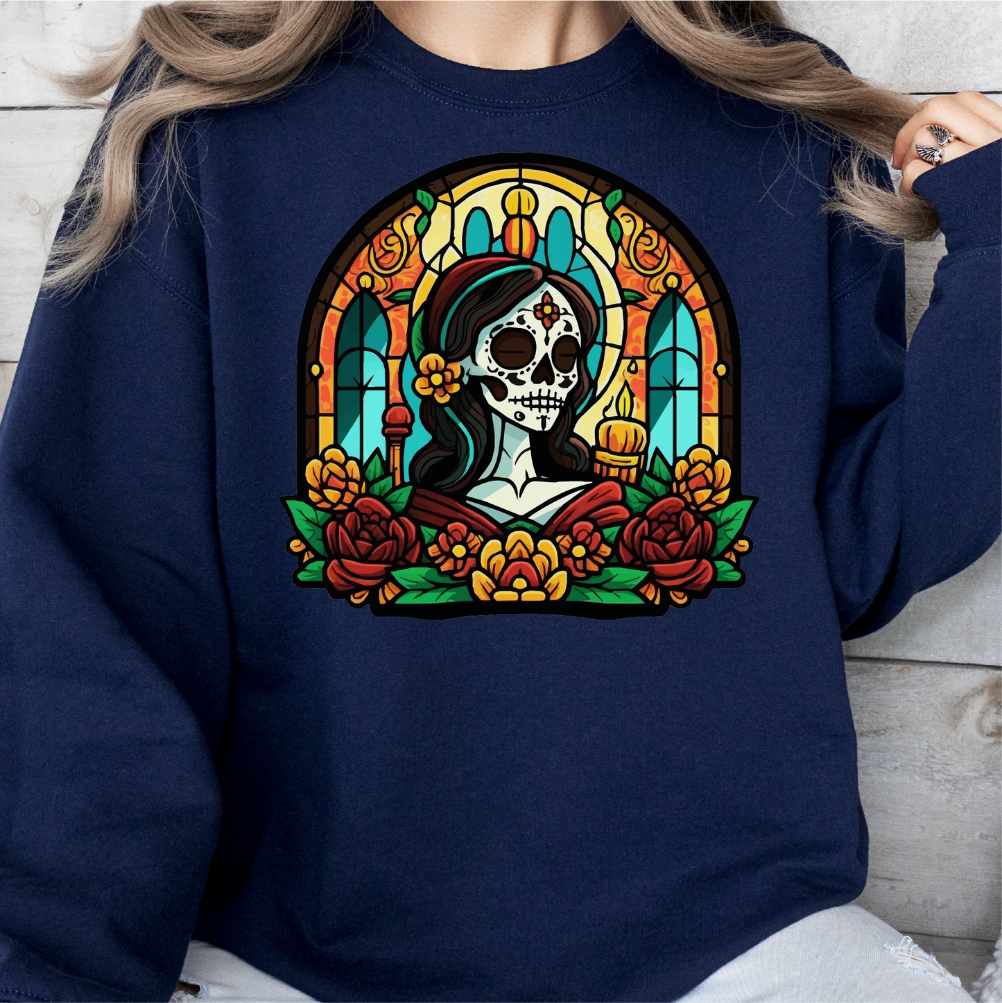 Catrina Stained Glass Sweatshirt, Day Of The Dead, Dia De Los Muertos