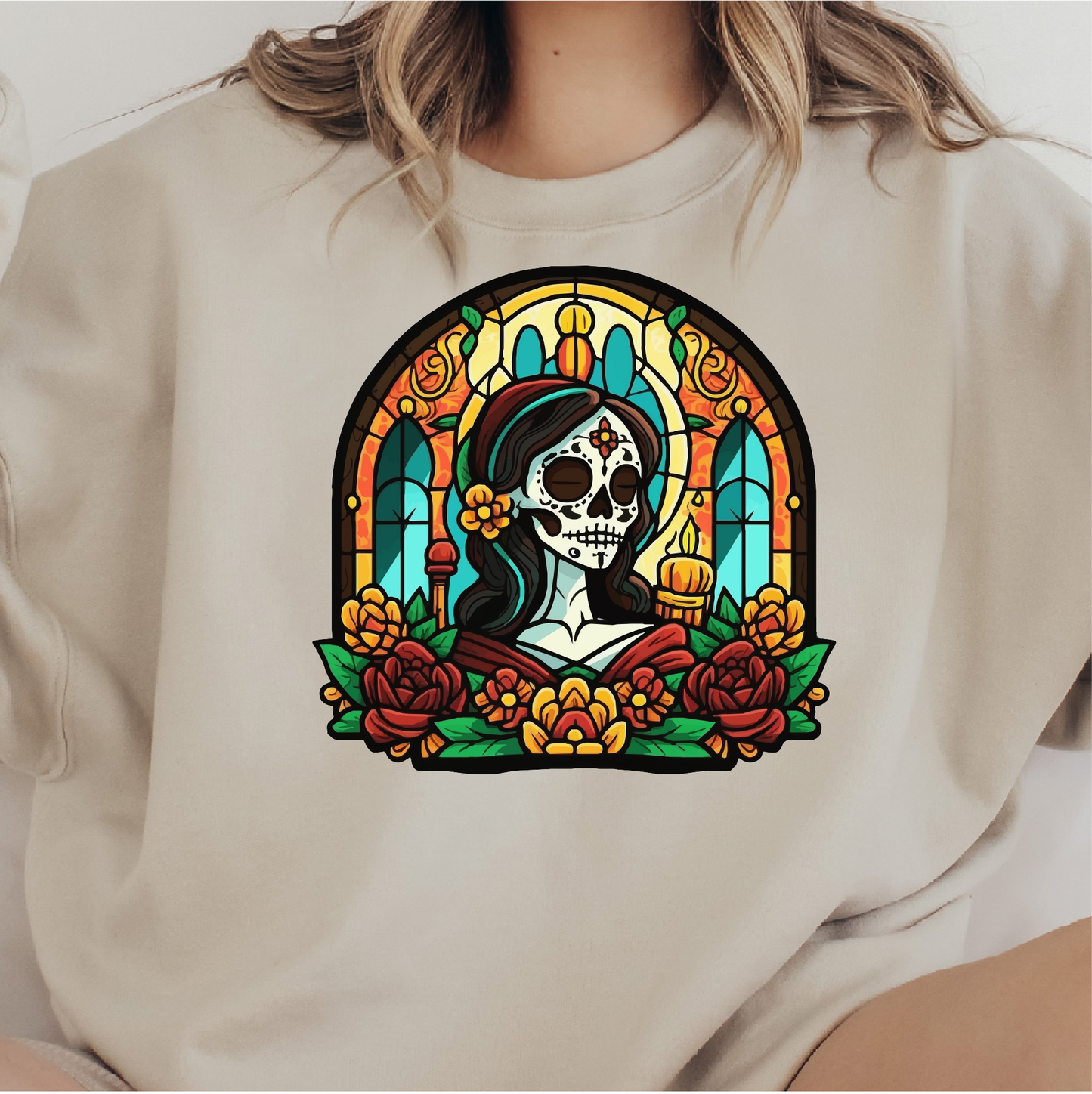 Catrina Stained Glass Sweatshirt, Day Of The Dead, Dia De Los Muertos