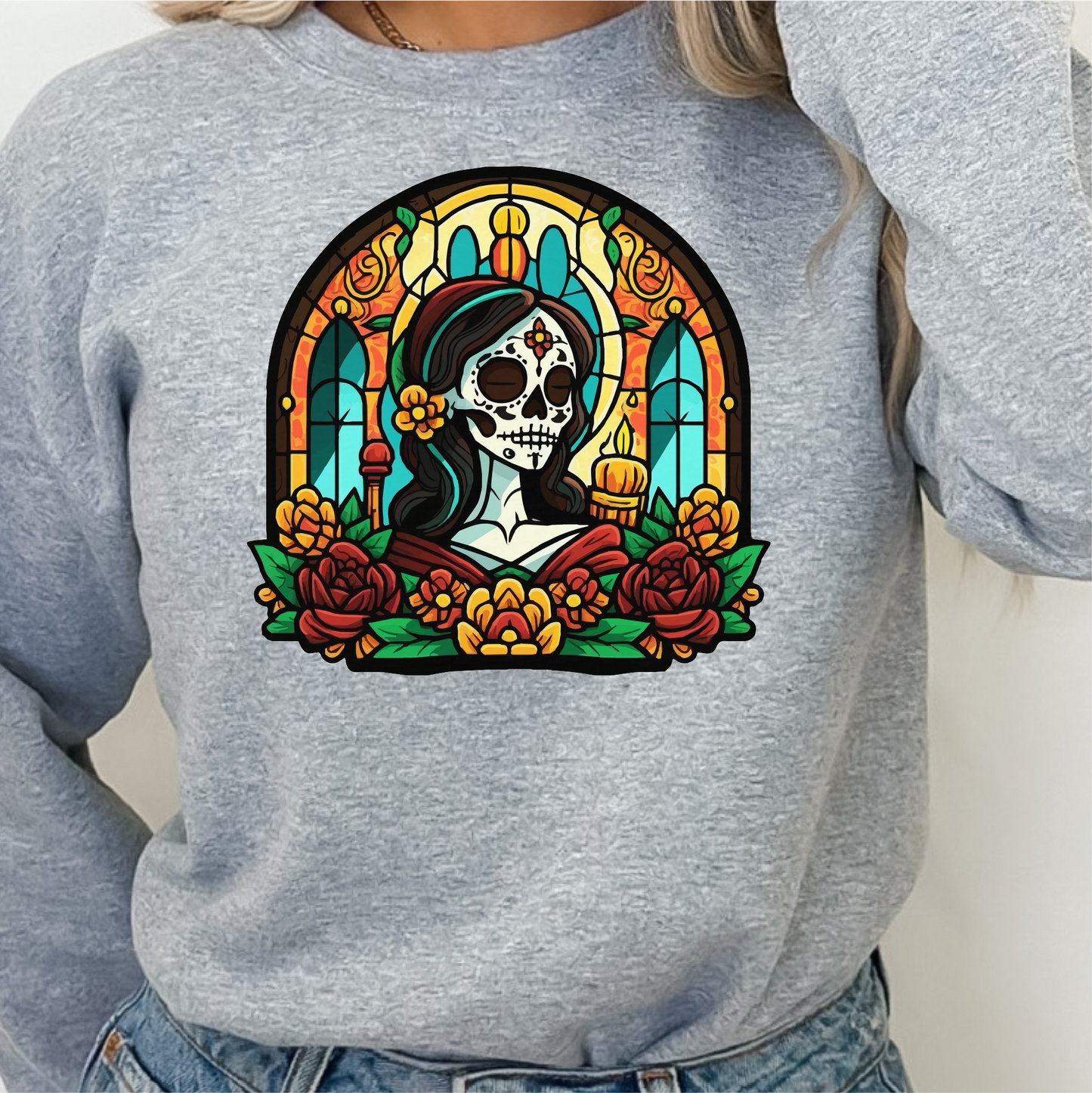 Catrina Stained Glass Sweatshirt, Day Of The Dead, Dia De Los Muertos